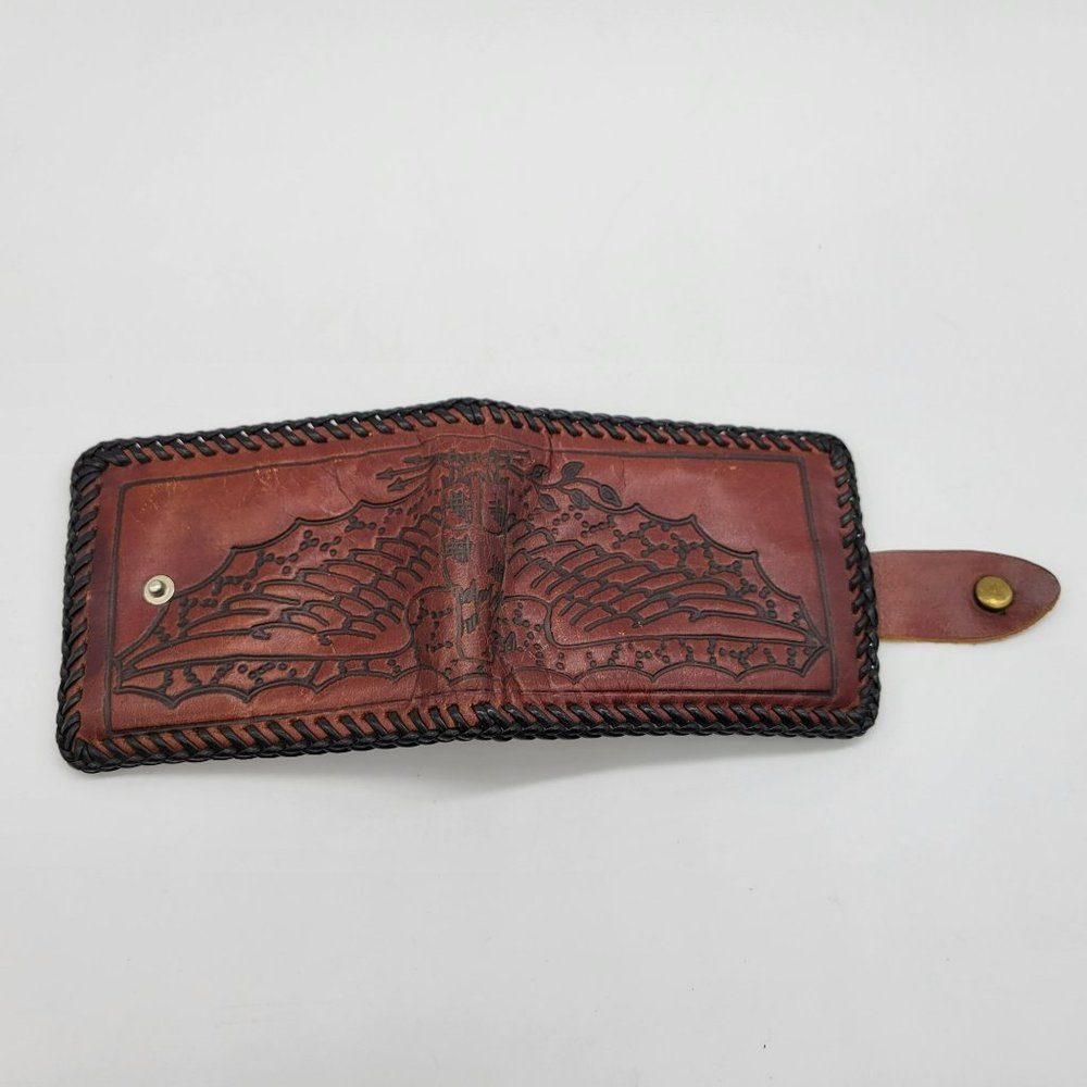 Tooled Leather Wallet Eagle Wings Mexico Vintage Black Leather Whip Stitching
